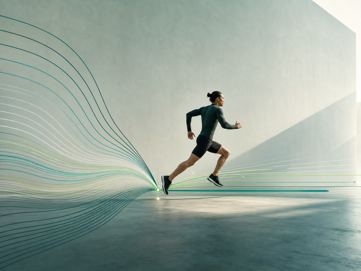 Runner moving forward as flowing lines converge into structured pathways